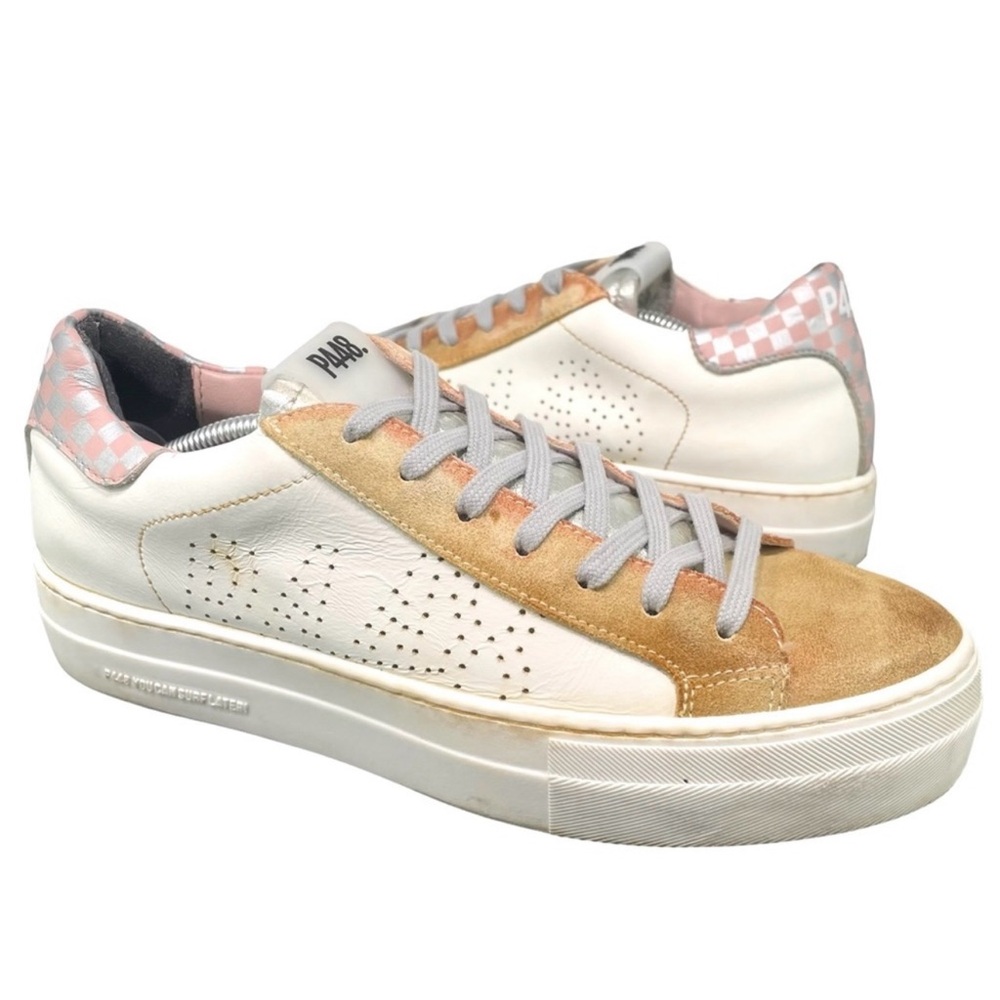 P448 Shoes EU38 US7.5-8 THEA MINICHESS SILVER PINK LEATHER SNEAKER